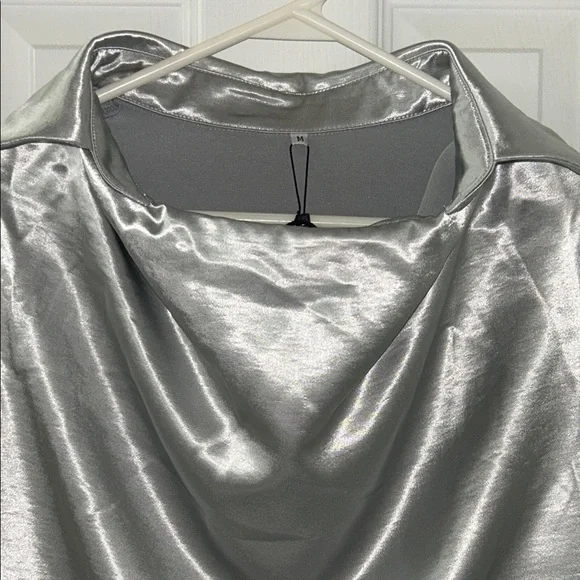 Silver Satin Women's Blouse with Draped Neckline NWT - Picture 6 of 9